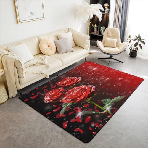 HATEGE Teppich Wohnzimmer 120 x 170 cm Waschbar Rote Rose, Outdoor Teppiche Kurzflor 3D Romantisches Thema Carpet Flauschig Rote Rose Rug Schlafzimmer DT447 von HATEGE