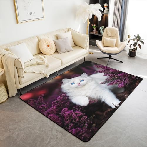 HATEGE Teppich Wohnzimmer 140 x 200 cm Waschbar Weiße Katze, Outdoor Teppiche Kurzflor 3D Lilane Blumen Carpet Flauschig Weiße Katze Rug Schlafzimmer DT938 von HATEGE