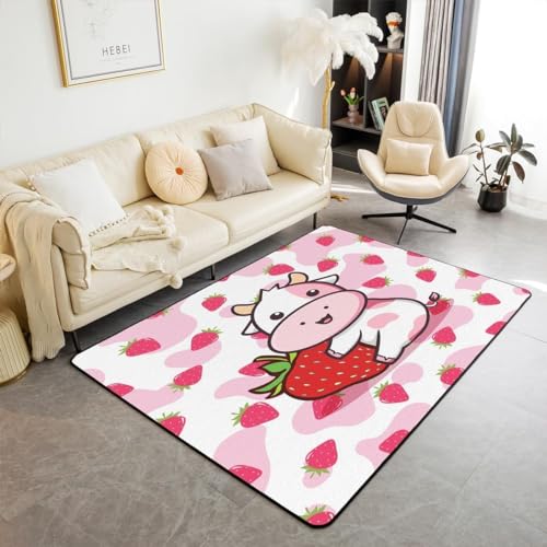 HATEGE Teppich Wohnzimmer 60 x 100 cm Waschbar Milchkuh, Outdoor Teppiche Kurzflor 3D Erdbeere, Carpet Flauschig Milchkuh DT2676 von HATEGE