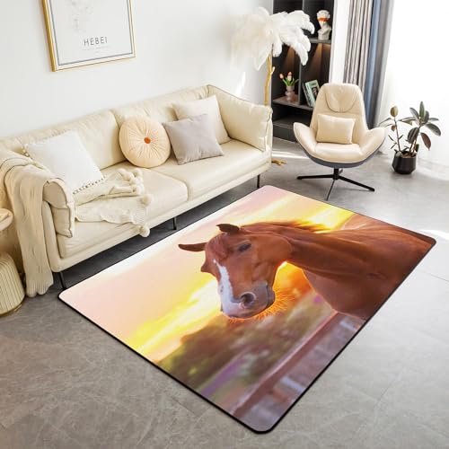 HATEGE Teppich Wohnzimmer 60 x 120 cm Waschbar Braunes Pferd, Outdoor Teppiche Kurzflor 3D Pferd Carpet Flauschig Braunes Pferd Rug Schlafzimmer DT472 von HATEGE