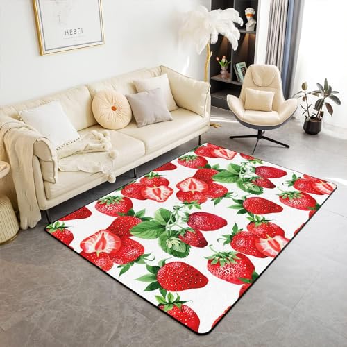 HATEGE Teppich Wohnzimmer 80 x 160 cm Waschbar Erdbeere, Outdoor Teppiche Kurzflor 3D Obst Carpet Flauschig Erdbeere Rug Schlafzimmer DT1880 von HATEGE