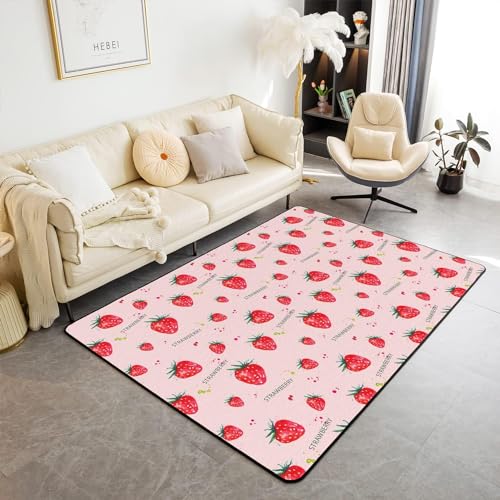 HATEGE Teppich Wohnzimmer 80 x 160 cm Waschbar Erdbeere, Outdoor Teppiche Kurzflor 3D Pinkes Mädchen, Carpet Flauschig Erdbeere WS1089 von HATEGE