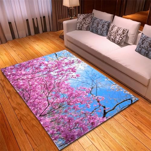 HATEGE Teppich Wohnzimmer 80 x 160 cm Waschbar Kirschblüten, Outdoor Teppiche Kurzflor 3D Pinke Blumen, Carpet Flauschig Kirschblüten 1033AZ von HATEGE
