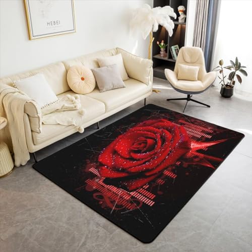 HATEGE Teppich Wohnzimmer 80 x 160 cm Waschbar Rote Rose, Outdoor Teppiche Kurzflor 3D Romantisches Thema Carpet Flauschig Rote Rose Rug Schlafzimmer DT830 von HATEGE
