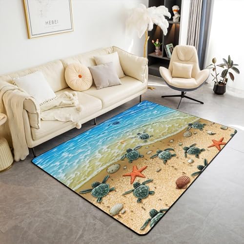 HATEGE Teppich Wohnzimmer 80 x 160 cm Waschbar Schildkröte, Outdoor Teppiche Kurzflor 3D Strandseestern, Carpet Flauschig Schildkröte WS2804 von HATEGE