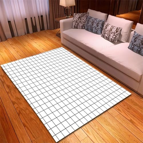 HATEGE Teppich Wohnzimmer 80 x 160 cm Waschbar Weiß Kariert, Outdoor Teppiche Kurzflor 3D Geometrische Muster, Carpet Flauschig Weiß Kariert 1257AZ von HATEGE