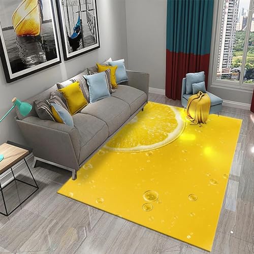 HATEGE Teppich Wohnzimmer 80 x 160 cm Waschbar Zitrone, Outdoor Teppiche Kurzflor 3D Gelb, Carpet Flauschig Zitrone WS2223 von HATEGE