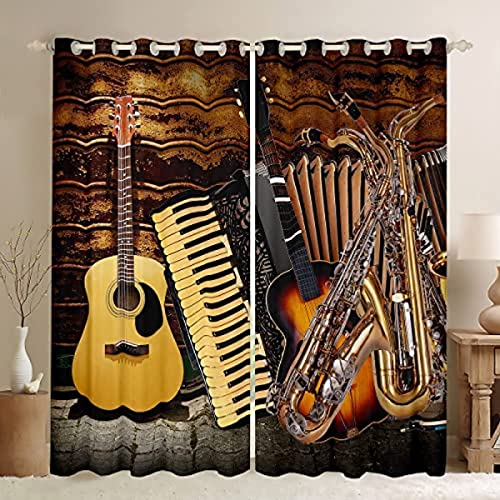HATEGE Vorhang Blickdicht Gitarre Saxophon Gardinen mit Ösen 3D Musikinstrumente Blickdichte Vorhänge Thermovorhang Kälteschutz Verdunklungsvorhänge für Wohnzimmer Schlafzimmer 2er Set 110x215 cm（BxH von HATEGE