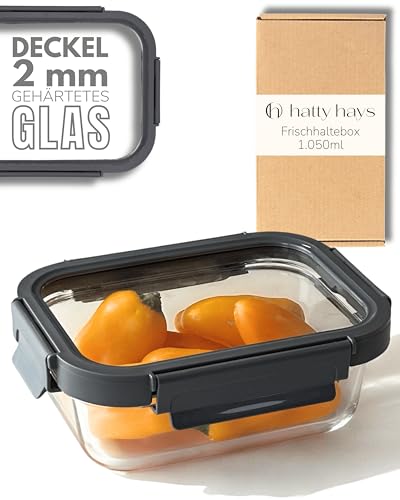 HATTY HAYS Frischhaltedosen mit Deckel luftdicht [1.050ml] Glasbehälter mit Deckel aus Glas & Kunststoffrahmen | Meal Prep Boxen ideal als Aufschnittboxen für Kühlschrank oder Auflaufform mit Deckel von HATTY HAYS