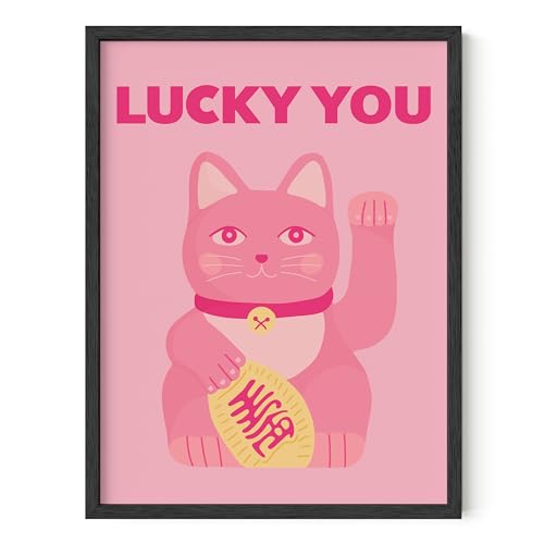 HAUS AND HUES Rosa Wandkunst – Lucky You Pink Anime und japanische Katze Poster für Wand, Katzen-Wandkunst, rosa Poster für Raumästhetik, rosa Kunst und Katzenkunst, Wanddekoration Lucky You Poster von HAUS AND HUES