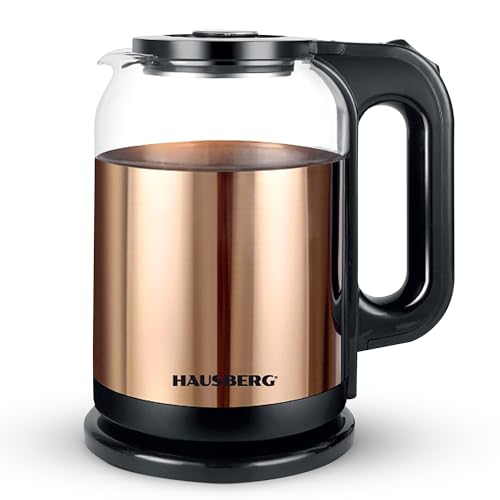 Hausberg Wasserkocher 2L – Edelstahl & Glas – 1800W, Kabellos, mit LED-Beleuchtung – Automatische Abschaltung & Trockengehschutz – Gold von HAUSBERG