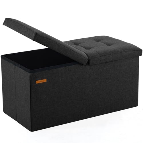 HAUSFRAU - 76,2 cm große Ottoman-Bank mit klappbarem Deckel, faltbare Aufbewahrungstruhe Fußstütze für Wohnzimmer, Schlafzimmer, Eingangsbereich, Traglast 299,4 kg, Leinen, Schwarz von HAUSFRAU