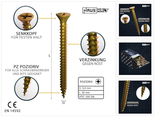 HausHalt Universal Holzbauschraube Holzschraube 3,0 x 35 mm PZ1 500 Stk. (000051371128) gelb verzinkt Kreuzschlitz Pozidriv Senkkopf Vollgewinde von HAUSHALT