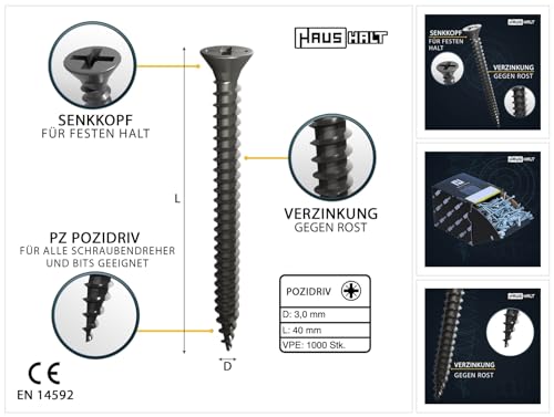 HausHalt Universal Holzbauschraube Holzschraube 3,0 x 40 mm PZ1 1000 Stk. (2x 000051371100) silber verzinkt Kreuzschlitz Pozidriv Senkkopf Vollgewinde von HAUSHALT