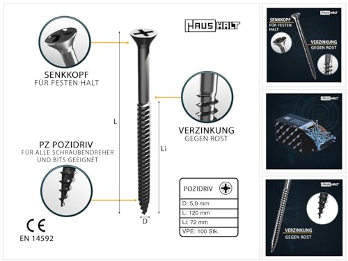 HausHalt Universal Holzbauschraube Holzschraube 5,0 x 120 mm PZ2 100 Stk. (000051371185) silber verzinkt Kreuzschlitz Pozidriv Senkkopf Teilgewinde von HAUSHALT