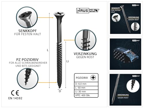 HausHalt Universal Holzbauschraube Holzschraube 6,0 x 50 mm PZ3 400 Stk. (2x 000051371227) silber verzinkt Kreuzschlitz Pozidriv Senkkopf Teilgewinde von HAUSHALT