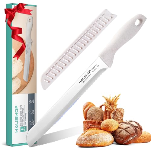 HAUSHOF Brotmesser mit Wellenschliff, 20 cm Klinge rostfreier Edelstahl, Leichtes Küchenmesser mit komfortablem Mischgriff aus PP & Stroh, ideal zum Schneiden von Brot, Bagels, Kuchen von HAUSHOF