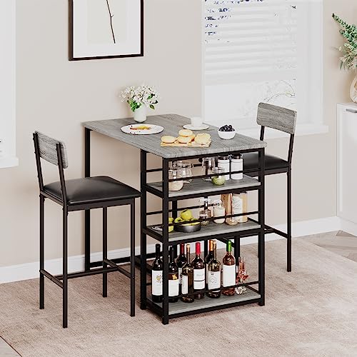 HAUSPROFI Bartisch Set 3-Teilig, Stehtisch Esstisch mit 2 Gepolsterten Stühlen & 3 Ablagen Küchentisch Klein Thekentisch Barhocker Essgruppe 2 Personen Industriedesign, Grau-schwarz von HAUSPROFI