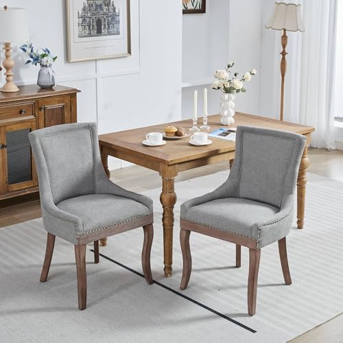 HAUSPROFI Esszimmerstühle 2er Set, Sessel Esszimmer mit Dickem Gepolsterter Sitz, Massivholz-Stuhlbeine, Bronzene Nagelköpfe für Küche, Wohnzimmer, Schlafzimmer (Grau) von HAUSPROFI
