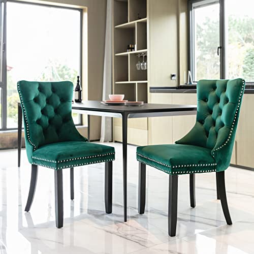 HAUSPROFI Esszimmerstühle 2er Set, Sessel Esszimmer mit Samtbezug, Holzbeinen, Nagelkopfverzierung für Küche, Wohnzimmer, Schlafzimmer (Grün) von HAUSPROFI