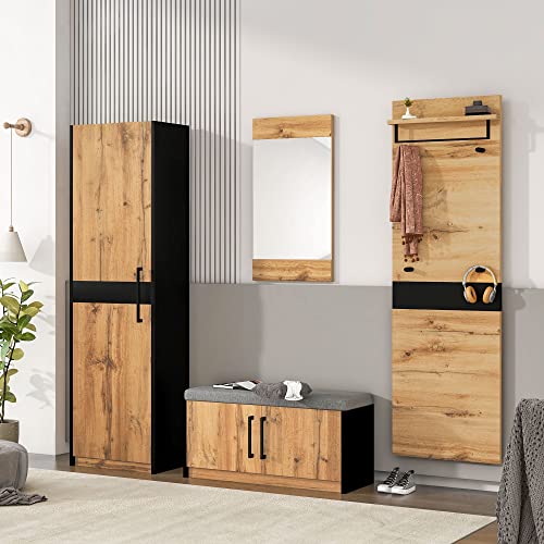 HAUSPROFI Garderobe Set 4-teilig, Flur Garderoben Komplettprogramme mit Kleiderschrank Spiegel Schuhschrank Sitzbank, Wandgarderobe mit Ablage, Stylishe Flur Garderobenset, Flurmöbel Set Holz von HAUSPROFI