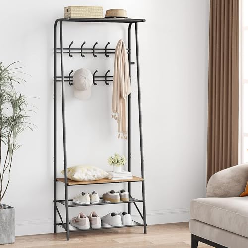 HAUSPROFI Garderobenständer Kleiderständer mit Schuhbank, Garderobe Kleiderständer Stabil mit 3 Ablagen und 10 Haken, 4-in-1 Design Garderobenständer Metall für Flur, Eingang, Wohnzimmer,64x29x180 cm von HAUSPROFI
