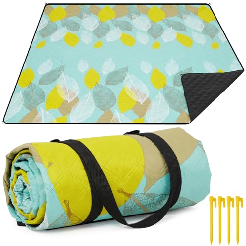 HAUSPROFI Picknickdecke, Wasserdicht Waschbar XXL Stranddecke, Strandmatte, Picnic Blanket, Campingdecke mit Erdnägel und Schultergurt für Outdoor, Picknick, Garten, Strand, Camping-200x200cm, Blätter von HAUSPROFI