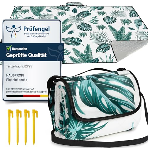 HAUSPROFI Picknickdecke 200x300, wasserdicht & isoliert - XXL Outdoor Decke für Picknick, Strand, Camping. Kompakt, leicht zu tragen, mit Baumwolle gepolstert, Inkl. Tragegriff & Heringe, Waschbar von HAUSPROFI