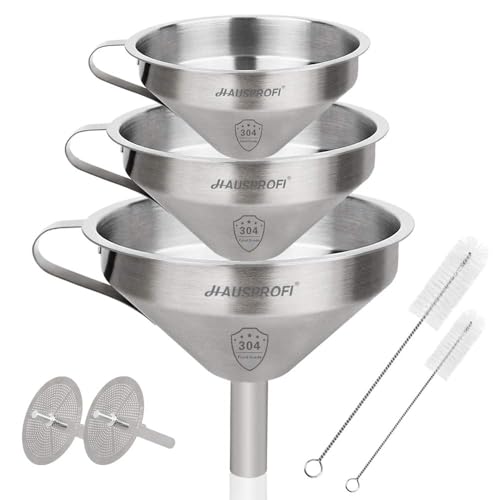 HAUSPROFI Premium Edelstahl Trichter Set (3 Größen) mit 2 Feinsieben - Profi-Küchentrichter aus 304 Edelstahl für Flüssigkeiten, Öle, Pulver - Spülmaschinenfest, 11/13/15 cm von HAUSPROFI