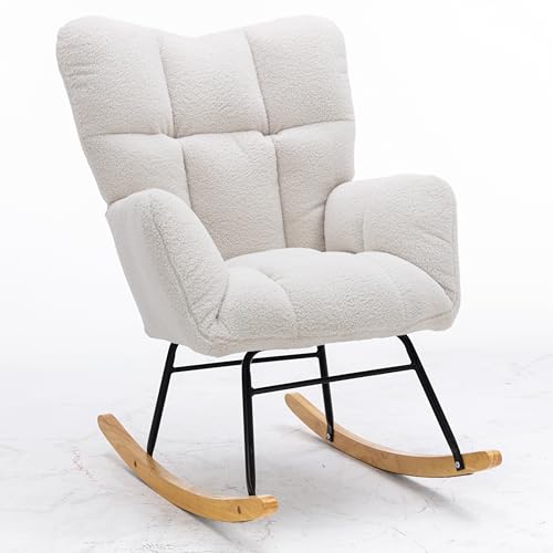 HAUSPROFI Schaukelstuhl Stillsessel Schaukelsessel mit Armlehnen Gepolsterter Schwingsessel Stillstuhl Sessel Relaxsessel für Wohnzimmer Schlafzimmer Babyzimmer, Bis 110 kg Belastbar - Weiß von HAUSPROFI