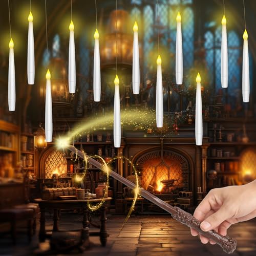 HAUSPROFI Schwebende Kerzen 12 Stück, Fliegende LED Kerzen mit Zauberstab Fernbedienung, Floating Candles, Warmes Licht Flackernde Hängende Kerzen für Weihnachten Halloween Party von HAUSPROFI