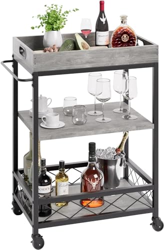 HAUSPROFI Servierwagen 3 Ebenen, Küchenwagen, Servierwagen mit Rollen, Barwagen mit Weinregal, Rollwagen Küche, Küchenregal, Stahlrahmen, Industrie-Design, Grau von HAUSPROFI