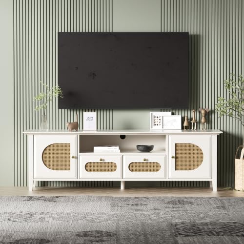 HAUSPROFI TV Schrank Board, Lowboard Weiß mit Rattantüren Schubladen und Offener Fächer, TV Schrank Holz, Fernsehschrank für Wohnzimmer Schlafzimmer, TV Board Möbel - Maße: 110 * 38 * 80cm von HAUSPROFI