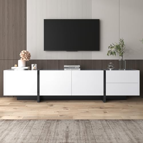 HAUSPROFI TV-Schrank Weiß, TV-Lowboard Panel mit Türen Regalen und Schubladen, Modernes Fernsehschrank für Wohnzimmer, Einfaches Liniendesign, Großer Stauraum Holzmöbel von HAUSPROFI