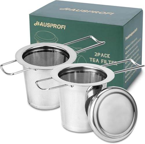 HAUSPROFI 2 Stück Teesieb Teefilter und Deckel/Abtropfschale, 304 Edelstahl Tee-Sieb für losen Tee, Faltbare Griffgestaltung Passend für die Meisten Tee-Tassen und Tee-Schalen, 0.5mm Mesh von HAUSPROFI