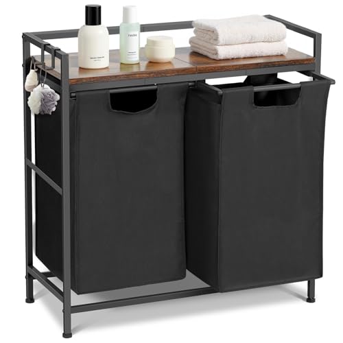 HAUSPROFI Wäschekorb 2 Fächer mit Ablage, Wäschesammler mit 2 Abnehmbaren Oxford-Tuchbeuteln und Metallrahmen, Schmutzwäschebehälter 2 x 46 Liter, 73 x 30 x 74 cm (Schwarz) von HAUSPROFI