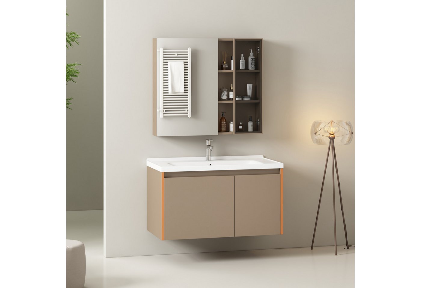 HAUSS SPLOE Badezimmer-Set hängend 90cm breit mit Keramikwaschbecken,Spiegelschrank, hellbraun von HAUSS SPLOE