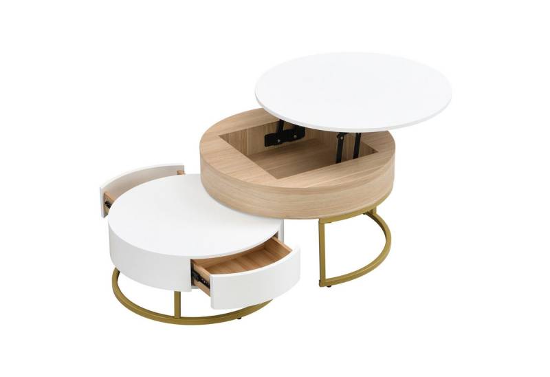 HAUSS SPLOE Couchtisch 2er-Set hochklappbare Couchtisch mit zwei Schubladen Weiß und natur (2-St., 2 Schubladen), mit goldenen Metallrahmen, ausziehbarer Tischplatte von HAUSS SPLOE