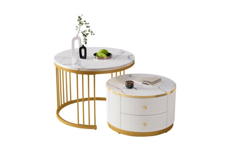 HAUSS SPLOE Couchtisch 2er Set in Nestform, Hochglanz runde Tische mit 2 Schubladen, golden von HAUSS SPLOE