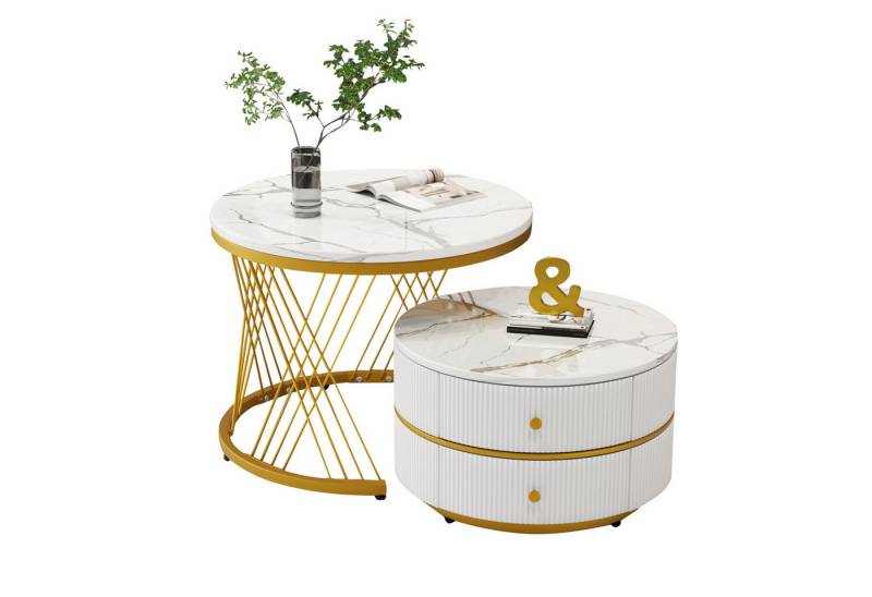 HAUSS SPOLE Couchtisch 2er Set in X-Form, Hochglanz runde Tische mit 2 Schubladen, golden (2-St) von HAUSS SPOLE