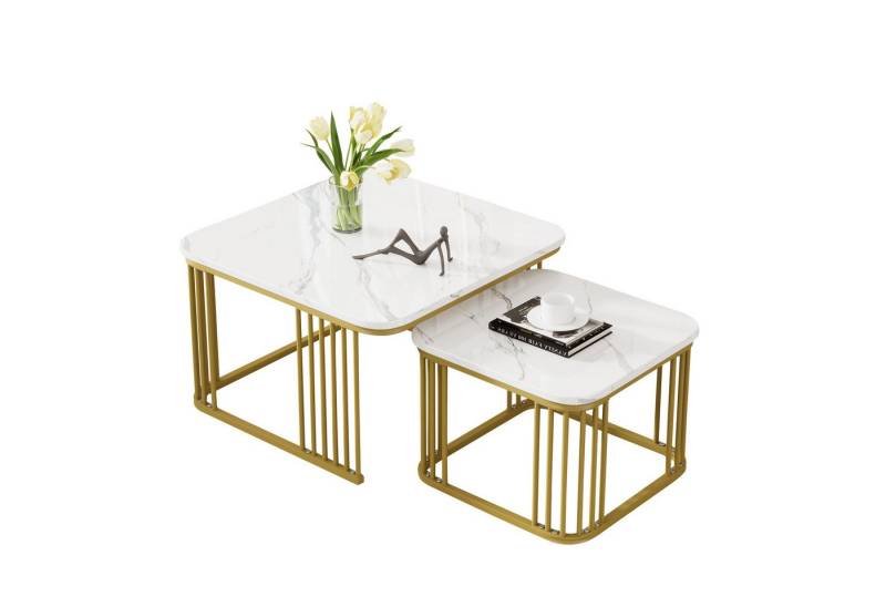 HAUSS SPOLE Couchtisch 2er Set quadratische Hochglanz Couchtische mit goldenen Beinen, Weiß (Quadratischer Couchtisch, robust und langlebig), PVC in Marmoroptik, Gold matt Stahlrohre von HAUSS SPOLE