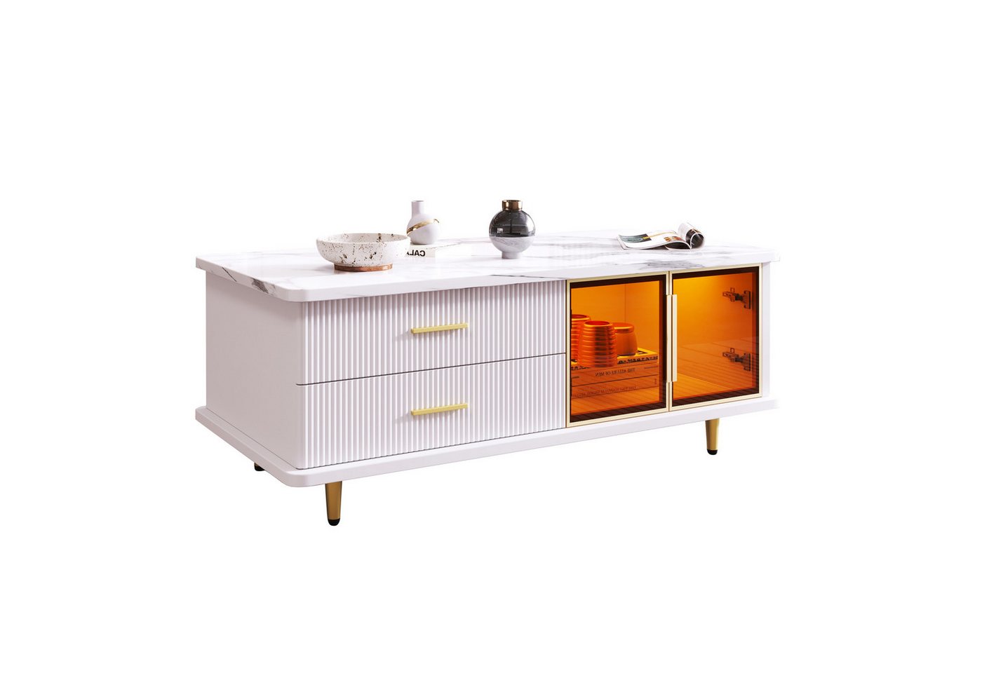 HAUSS SPOLE Couchtisch Couchtisch Holztisch Moderner Sofatisch Kaffeetisch (TV-Schrank mit Glastüren und Schubladen, 1-St), TV-Board mit Metallfüße von HAUSS SPOLE