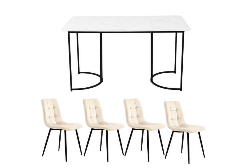 HAUSS SPOLE Essgruppe 5-tlg Esstisch mit Schwarz Metallbeinen und 4 Samt Stühlen Set, Weiß, (Moderner Küchentisch Set, 5-tlg., mit Samt Esszimmerstühle), 140×80cm Küchentisch mit Metallbeinen, MDF Tischplatte von HAUSS SPOLE