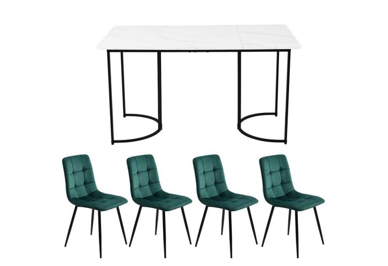 HAUSS SPOLE Essgruppe 5-tlg Esstisch mit Schwarz Metallbeinen und 4 Samt Stühlen Set, Weiß, (Moderner Küchentisch Set, 5-tlg., mit Samt Esszimmerstühle), 140×80cm Küchentisch mit Metallbeinen, MDF Tischplatte von HAUSS SPOLE