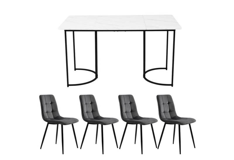 HAUSS SPOLE Essgruppe 5-tlg Esstisch mit Schwarz Metallbeinen und 4 Samt Stühlen Set, Weiß, (Moderner Küchentisch Set, 5-tlg., mit Samt Esszimmerstühle), 140×80cm Küchentisch mit Metallbeinen, MDF Tischplatte von HAUSS SPOLE