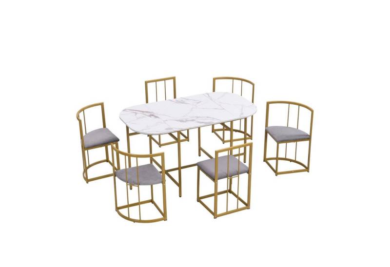 HAUSS SPOLE Essgruppe Essgruppe mit Esstisch und Stühle Küchen Esstisch Set, (Stühle mit Rückenlehnen und grauen Polstern, 7-tlg., 140*70*76cm, belastbar 120 kg) von HAUSS SPOLE