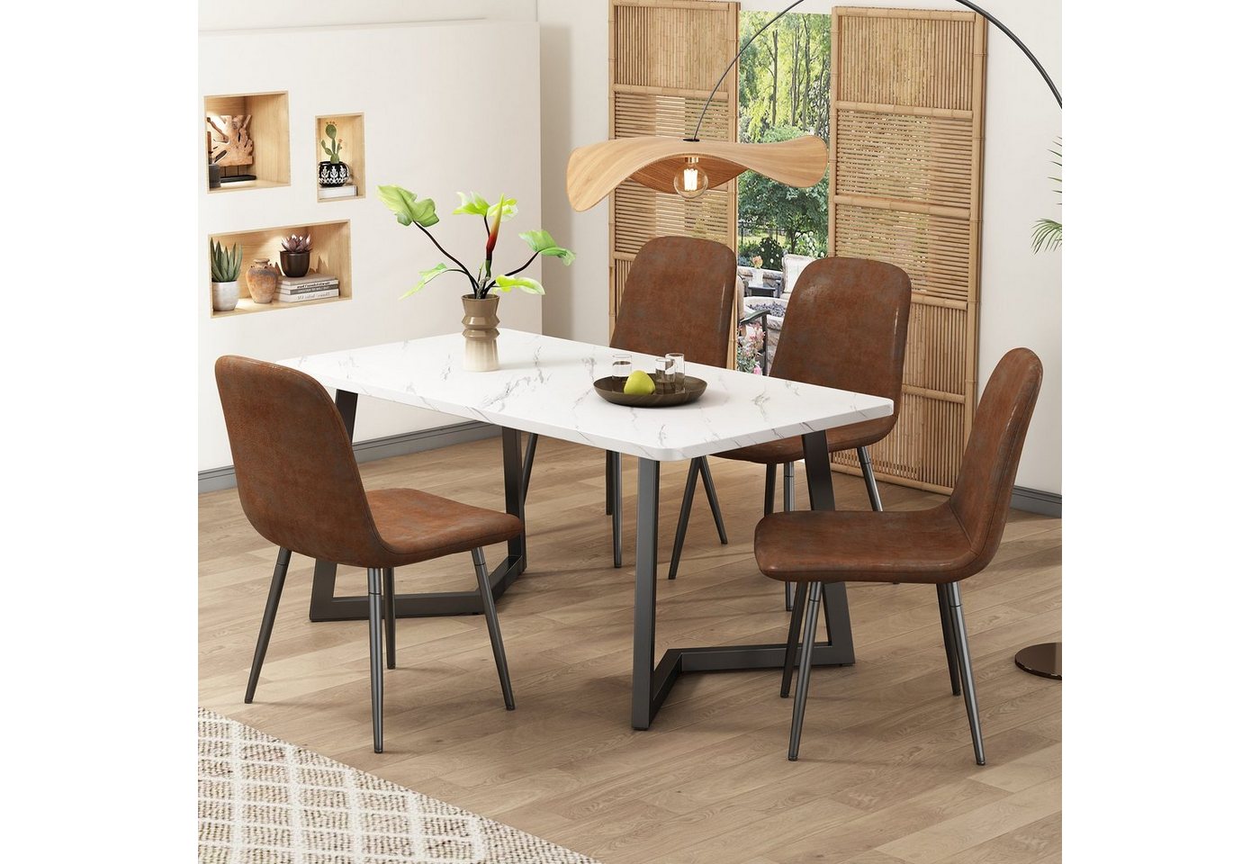 HAUSS SPLOE Essgruppe Esstisch mit 4 brauen Stühlen, Esstisch mit schwarzen Metallbeinen, (5-tlg) von HAUSS SPLOE