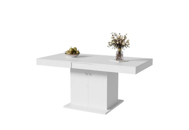 HAUSS SPOLE Esstisch 140/180 x 80 x 76cm Ausziehbarer Esstisch mit Stauraum, Weiß (2 Türen), Automatischer Teleskoptisch mit Stauraum,Betonoptik,B140/180*T80*H76cm von HAUSS SPOLE