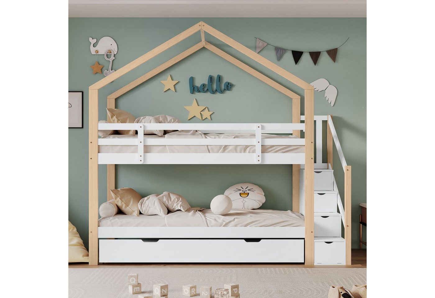 HAUSS SPLOE Etagenbett Etagenbett Holzbett Kinderbett Bettrahmen Schiebebett Hausbett (mit Lattenroste, Kinderbett mit Absturzsicherung und Kinderbettgitter, Treppe mit 4 Schubladen), 90x200cm&90x190cm, Ohne Matratze von HAUSS SPLOE