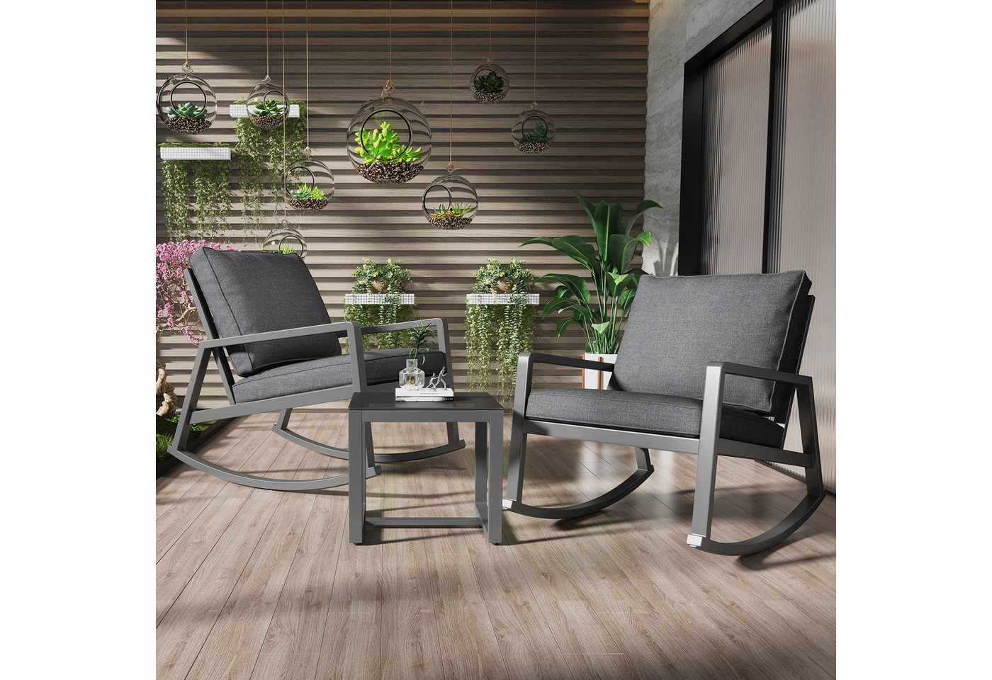 HAUSS SPLOE Gartenlounge-Set 3er Set mit Couchtisch, 2 Schaukelstühlen und dicken Kissen, Grau von HAUSS SPLOE